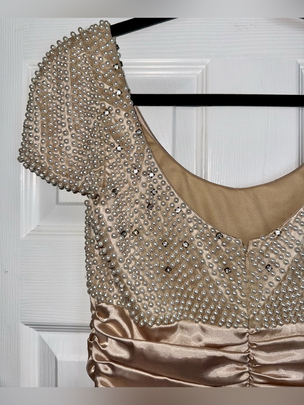 BADGLEY MISCHKA Collection Pearl Beaded Rhinestone Champagne Satin Ruched Dress - Picture 10 of 15